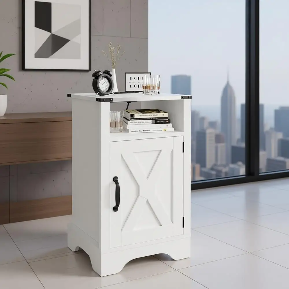 

Tall Farmhouse Nightstand with Charging Station, White End Table with Storage, Large Wooden Rustic Bedside Table for Bedroom, Ho