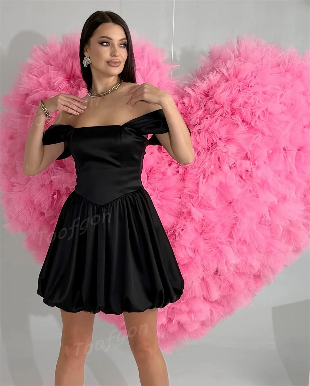 Toofan с открытыми плечами, черные короткие платья для выпускного вечера, атласные трапециевидные пышные вечерние платья, женские драпированные платья для выпускного вечера по индивидуальному заказу