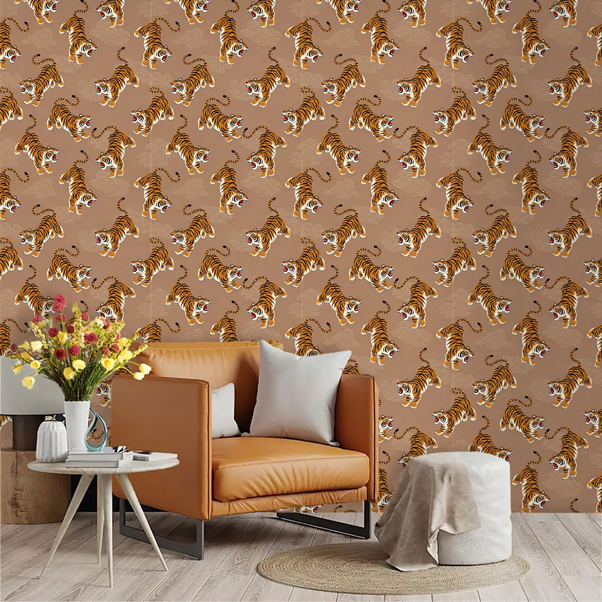Retro Asian Tiger Self Adhesive Wallpaper Roll Renter Vintage Brown Wall Sticker for Bedroom Closet Furniture DIY Decor