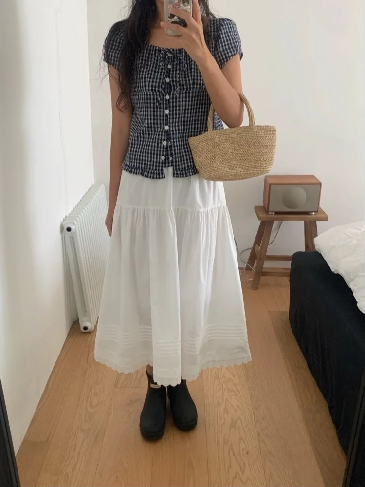 Chic Summer Anti-età Design vintage ort Sve Plaid irt Finiture in pizzo di classe da donna Bottone singolo Pendolarismo Sle Taglio dritto