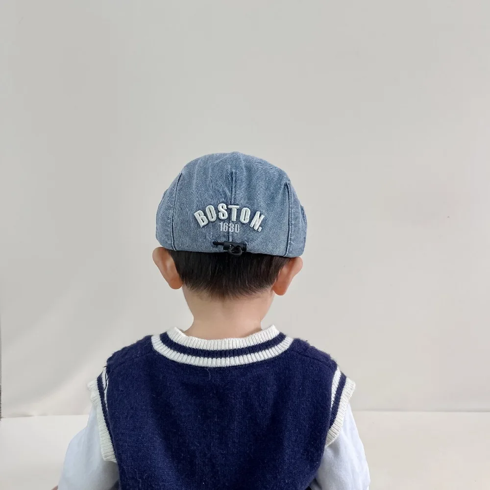 

Retro Solid Color Kids Denim Beret Embroidered Letter Drawstring Peaked Cap Forward Hat Harajuku Newsboy Cap Travel