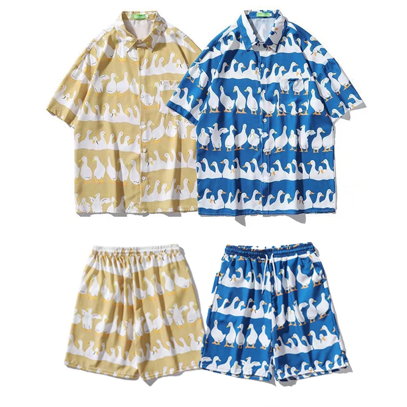 Mens Harajuku Beach Hawaiian Shirt Little White Goose Print Short Sleeve Shirts Hip Hop Streetwear Summer Blouse Tops Mens Suit