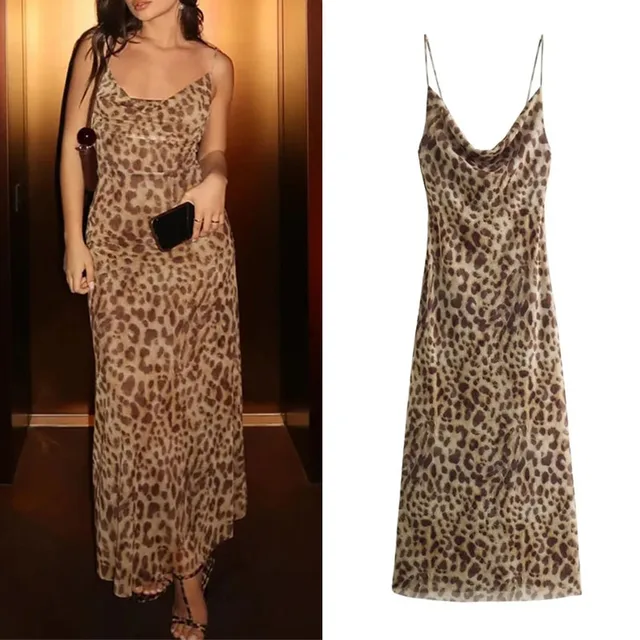 MUJER Długa sukienka w panterkę Damska tiulowa sukienka bez pleców Damska letnia seksowna sukienka wakacyjna 2025 Vintage Midi Party Dresses