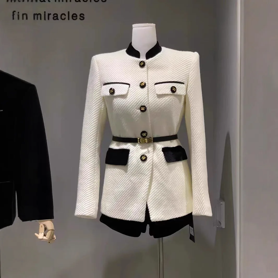 

Tweed Jacket Distressed Womens Party Dance Clubwear Nightlife Recreation Sequined Patched Embroidered Sparkling Self-Belt Sashes