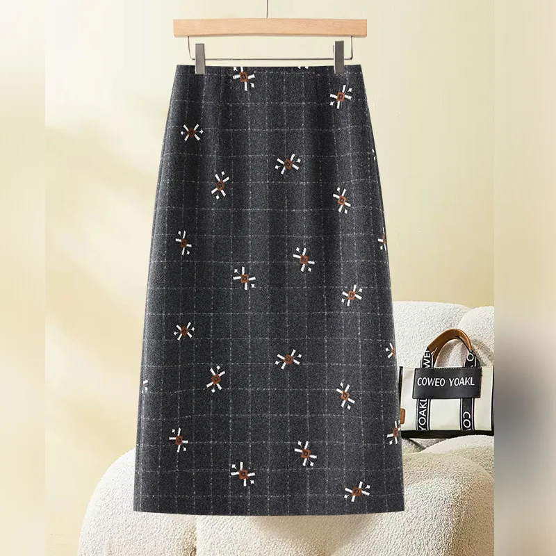 Черная шерстяная юбка-миди в клетку для женщин, потрясающая клетчатая облегающая юбка трапециевидной формы с миниатюрной вышивкой