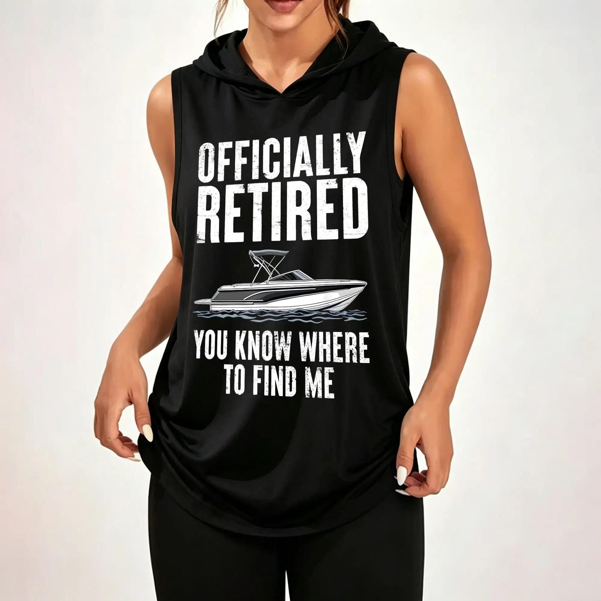Women's Sleeveless Hoodie, Officially Retired Speed Boat Distressed Quote Graphic Print Casual Hooded Tank Top