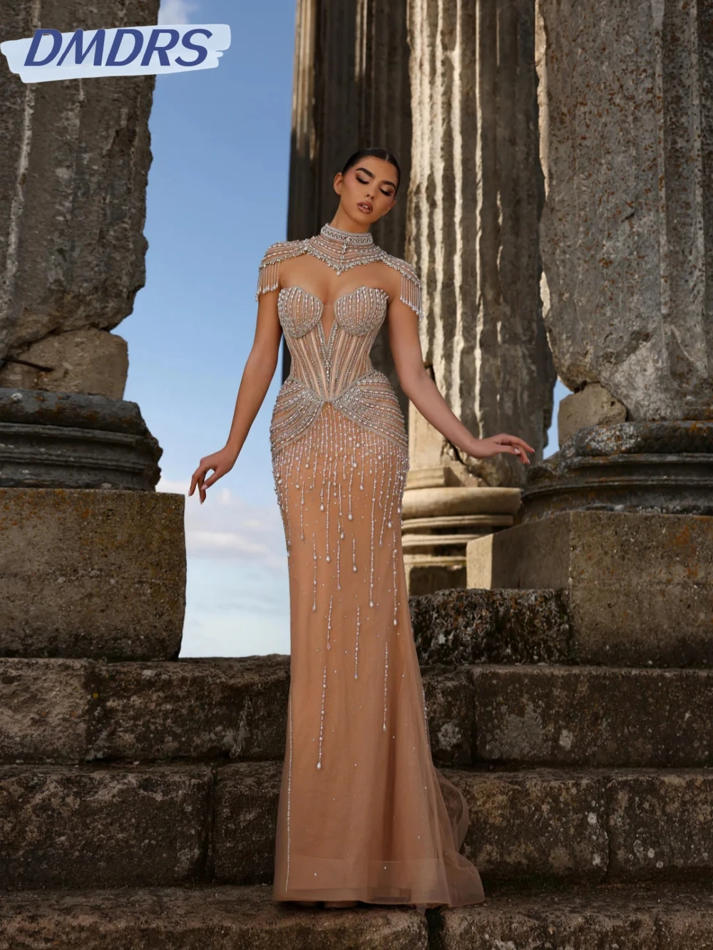 

2026 New Gorgeous Pearls Crystal Long Evening Dress Charming Sweetheart Neck Wedding Party Gown Customized Elegant Prom Dresses