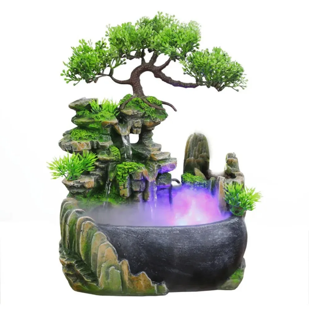 Wealth Feng Shui Waterfall Fountain with LED Lights, Flowing Water Desktop Ornament for Company Office Tabletop, Relaxing Decor