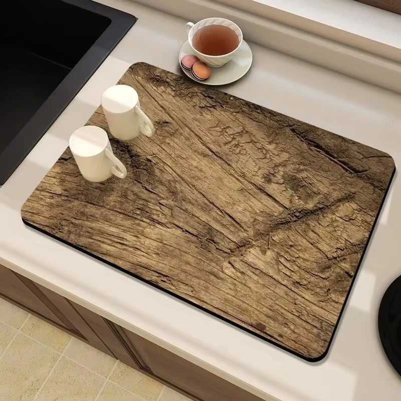 VIKAMA Vintage Tree-Ring Wood-Grain Tableware Drainer, Non-Slip Countertop Mat, Kitchen Dish Drainer, Coffee Home Decor