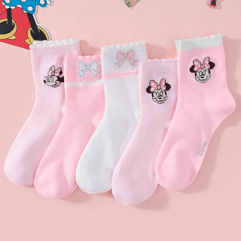 5 Pairs of New High-Value Sweet Cartoon Anime Women's Mid Tube Socks in Pink and White Personalized College Style Casual Socks