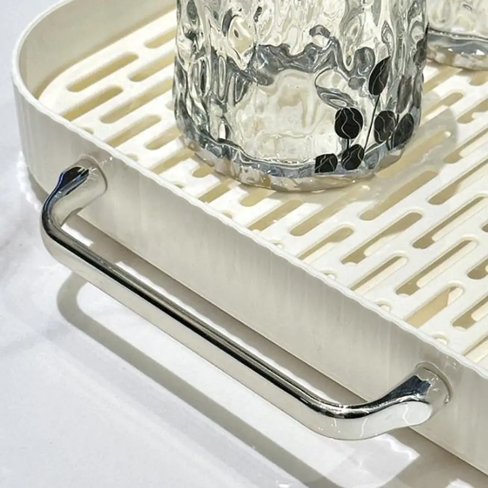 

Multipurpose Plastic Rectangular Tea Tray Drainable with Handle Dessert Serving Tray Large Capacity Cutlery Holder for Home