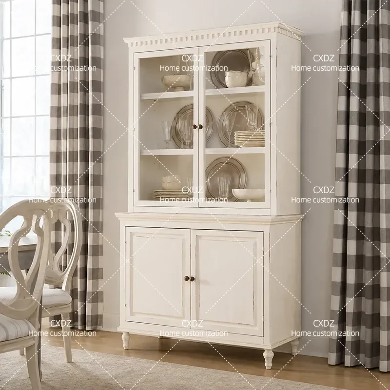 Solid Wood Dining Side Cabinet with White Glass Door Large Capacity Storage Cabinet for Living Room Entryway Retro Style