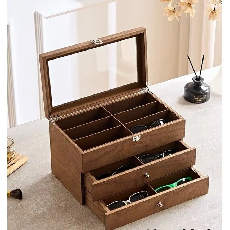 Super luxury wooden drawer type three layer 18 pairs of glasses glass display rack storage box display box glasses wholesale