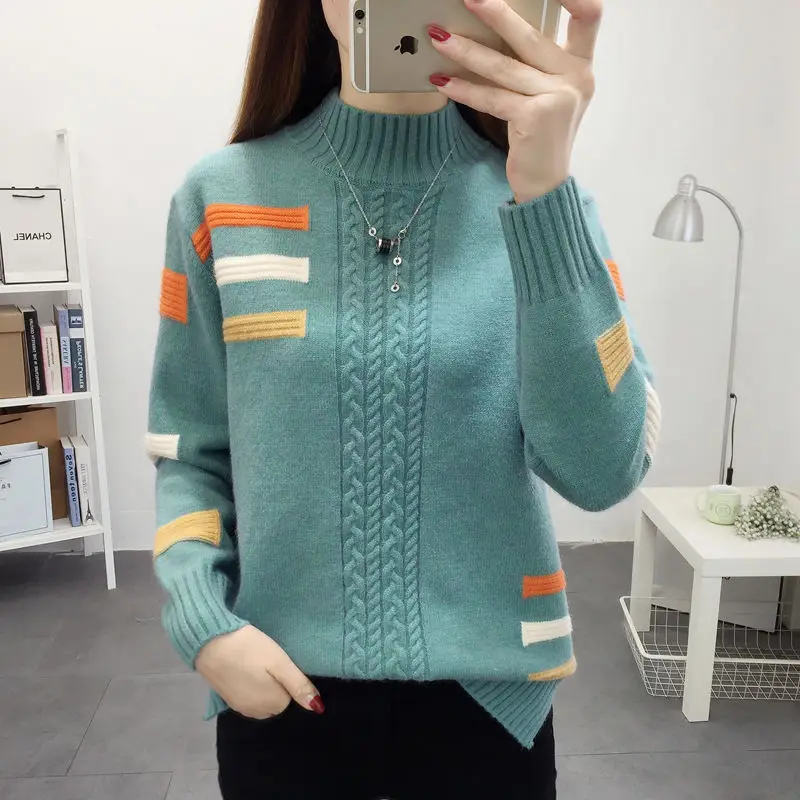 

Autumn Winter Half High Collar Loose Jumpers Tops Women's Clothing 2022 Solid Color Chic Patchwork All-match Knitted Sweaters