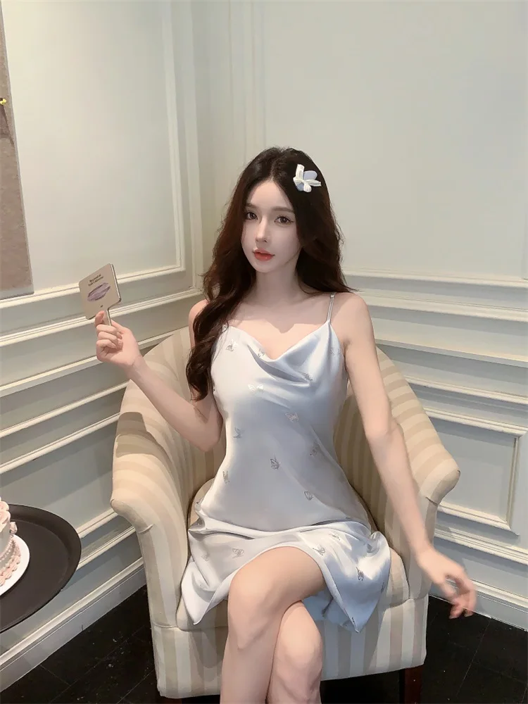 DAIMELU Ice Snow Silk Pajamas Women's Summer sleepwear girl nightdress Light Blue sexy Hot Silver nightgown female Neck Pajamas