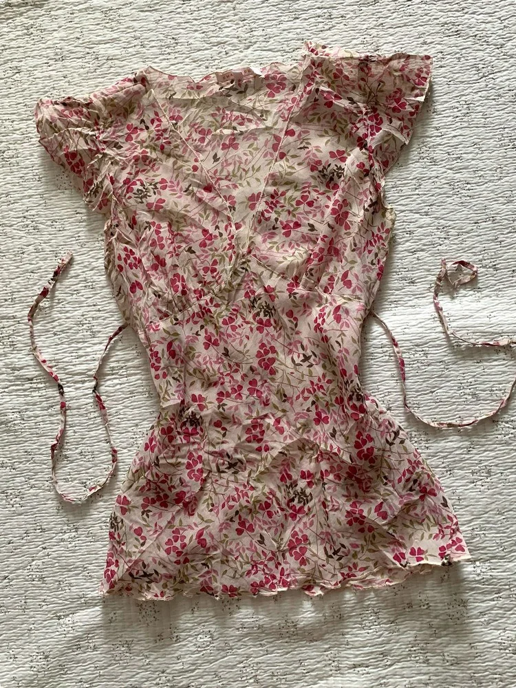 오리지널 레트로 플로럴 프린트 쉬폰 셔츠 슬림핏 한국 스타일 버튼업 반팔 폴로 칼라 면 혼방 여름 상의