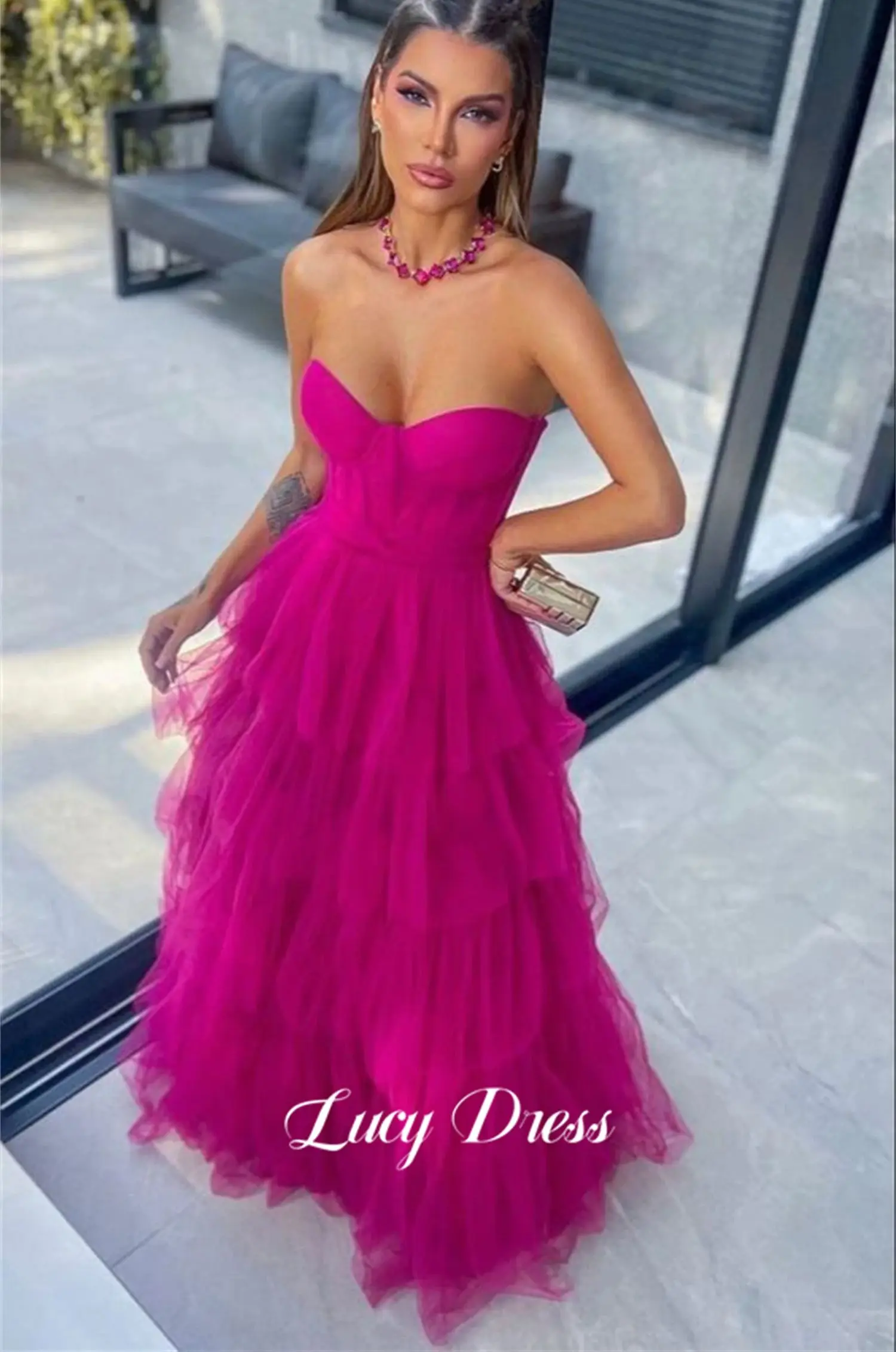 Lucy Line A Strapless Graduation Gown Layered Mesh Prom Dress Bridesmaid Elegant Long Woman Party Dresses Robe De Soiree Femmes