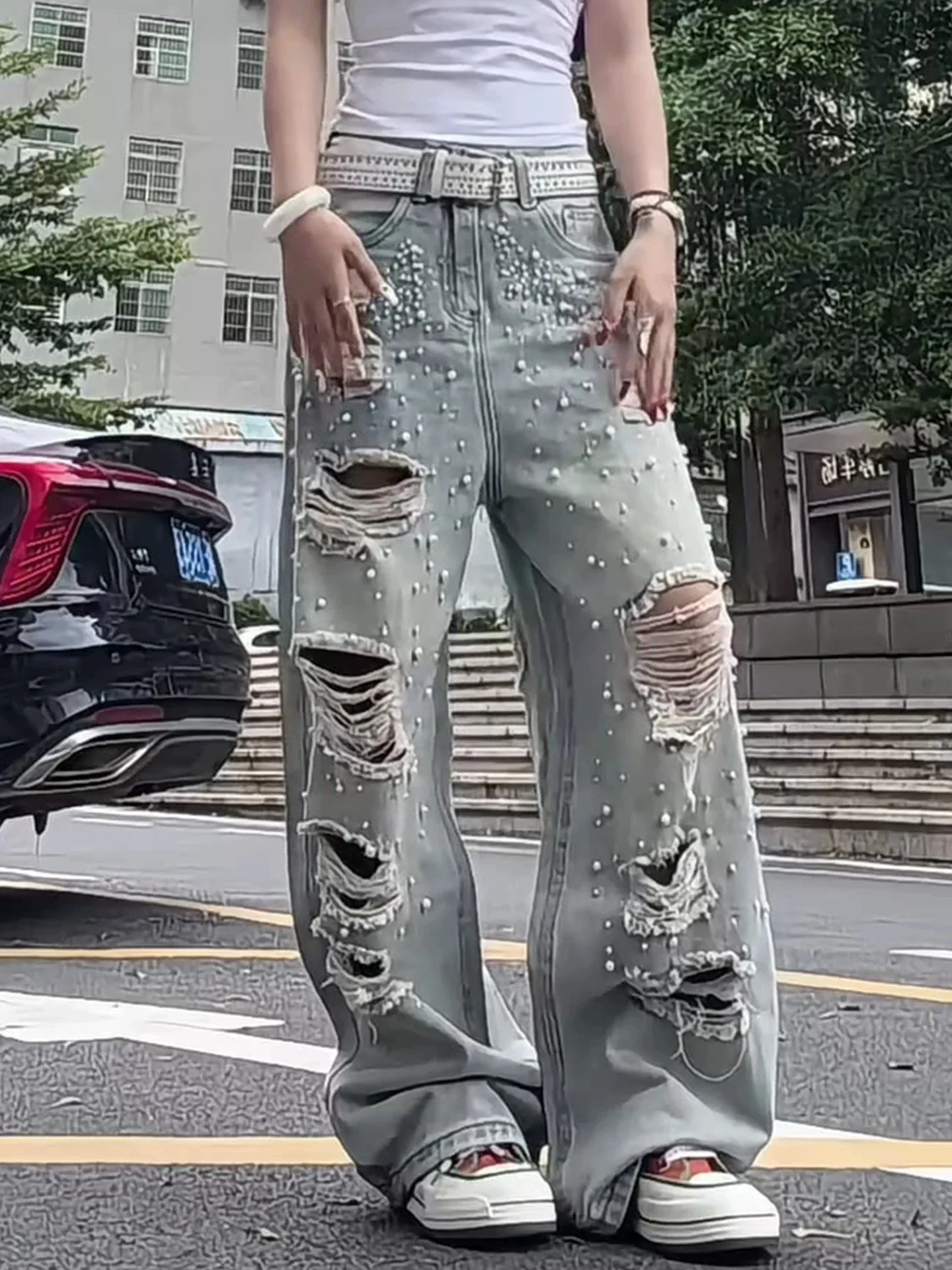 Women's Fashion High Street Destroyed Jeans Pants With Pearls Loose Fit Vibe Style Hip Hop Denim Trousers Ripped Jeans With Hole