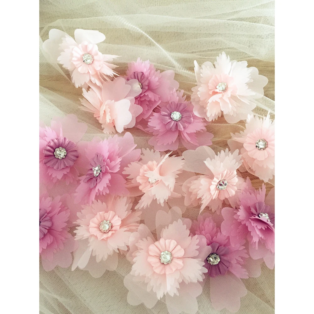 5Pcs White Pink DIY Handmade 3D Flower Patch Wedding Dress Organza Eugen Yarn Headwear Materials 8.5CM Wide