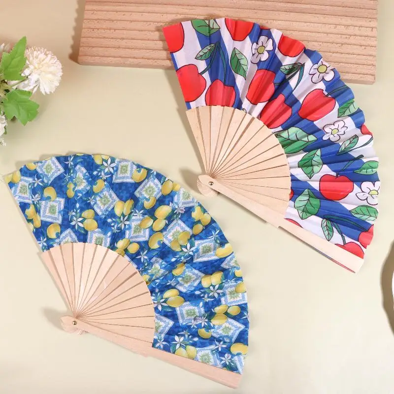 Cute Lemon Cherry Pattern Folding Hand Fan Wooden Handle Portable Summer Fan For Dance Activity Party Wedding Decoration