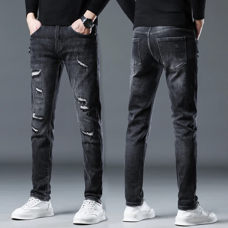 

2024 high-quality autumn and winter vintage ripped black jeans men's pants slim fit elastic small leg pants casual cargo jeans