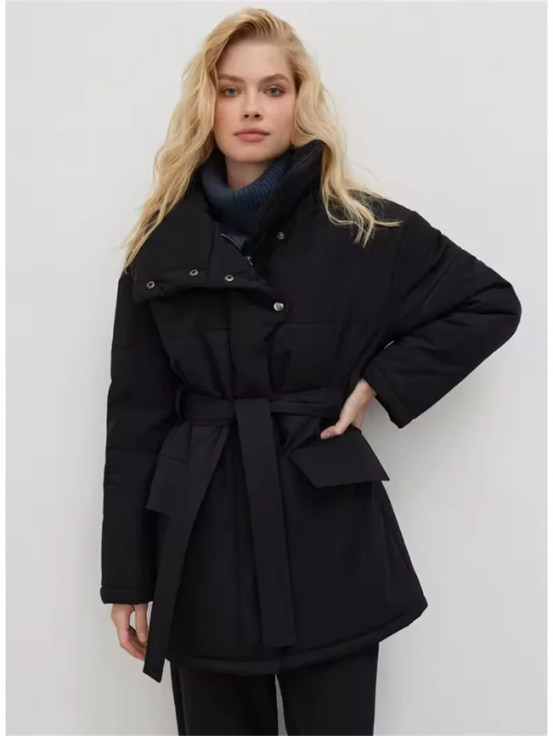 سترات نسائية دافئة من القطن منتفخة سترة مبطنة للنساء معطف شتوي فضفاض سترات خارجية بحزام عتيق سترات مكتبية للأسفل