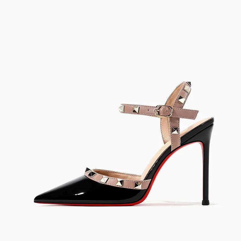 

Сексуальные сандалии с шипами, женские туфли на шпильке с красной подошвой, новый летний дизайн, элегантные туфли из лакированной кожи с закрытым носком на высоком каблуке