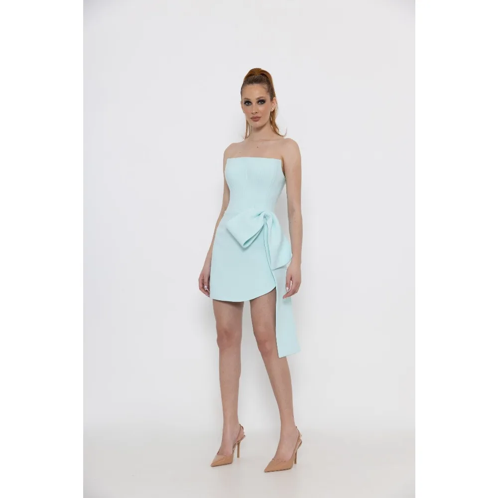 

Customized Bow Mini Dress Sky Blue Strapless Cocktail Party Dresses 2026 Women's Sheath Short Evening Dress Elegant Prom Growns