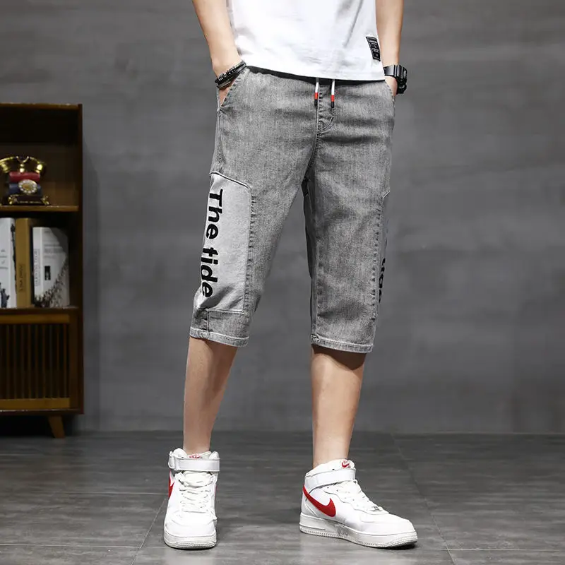 Koreon Summer Men Slim Capris Denim Shorts Streetwear Fashion New Essentials Elastic Waist Big Size Male Straight Casual Jorts