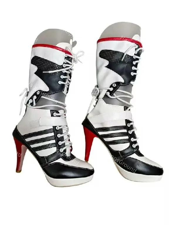 Botas de quinzel para mujer adulta, zapatos, disfraz de Cosplay, botas de fiesta de Carnaval de Halloween en rojo y negro