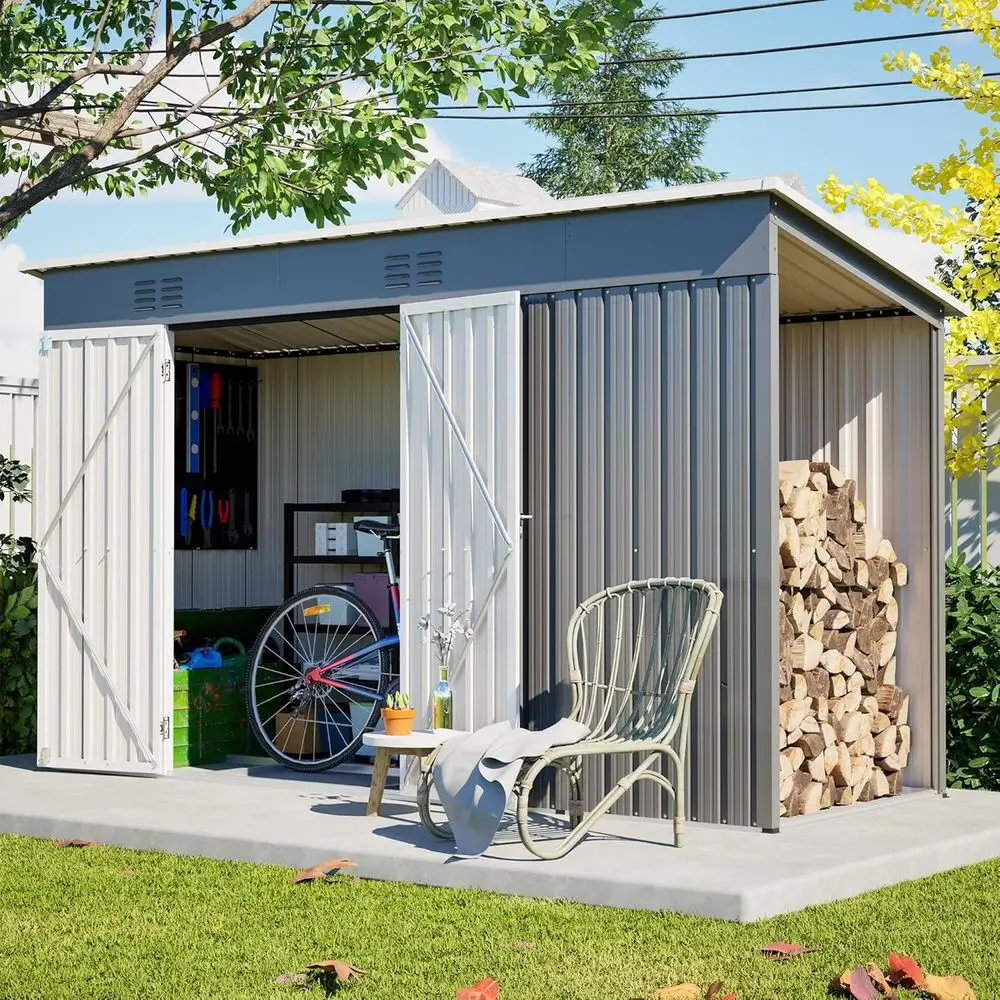 

10x4ft Large Metal Utility Shed with Floor Base and Wood Storage, Grey Outdoor Storage for Patio or Lawn