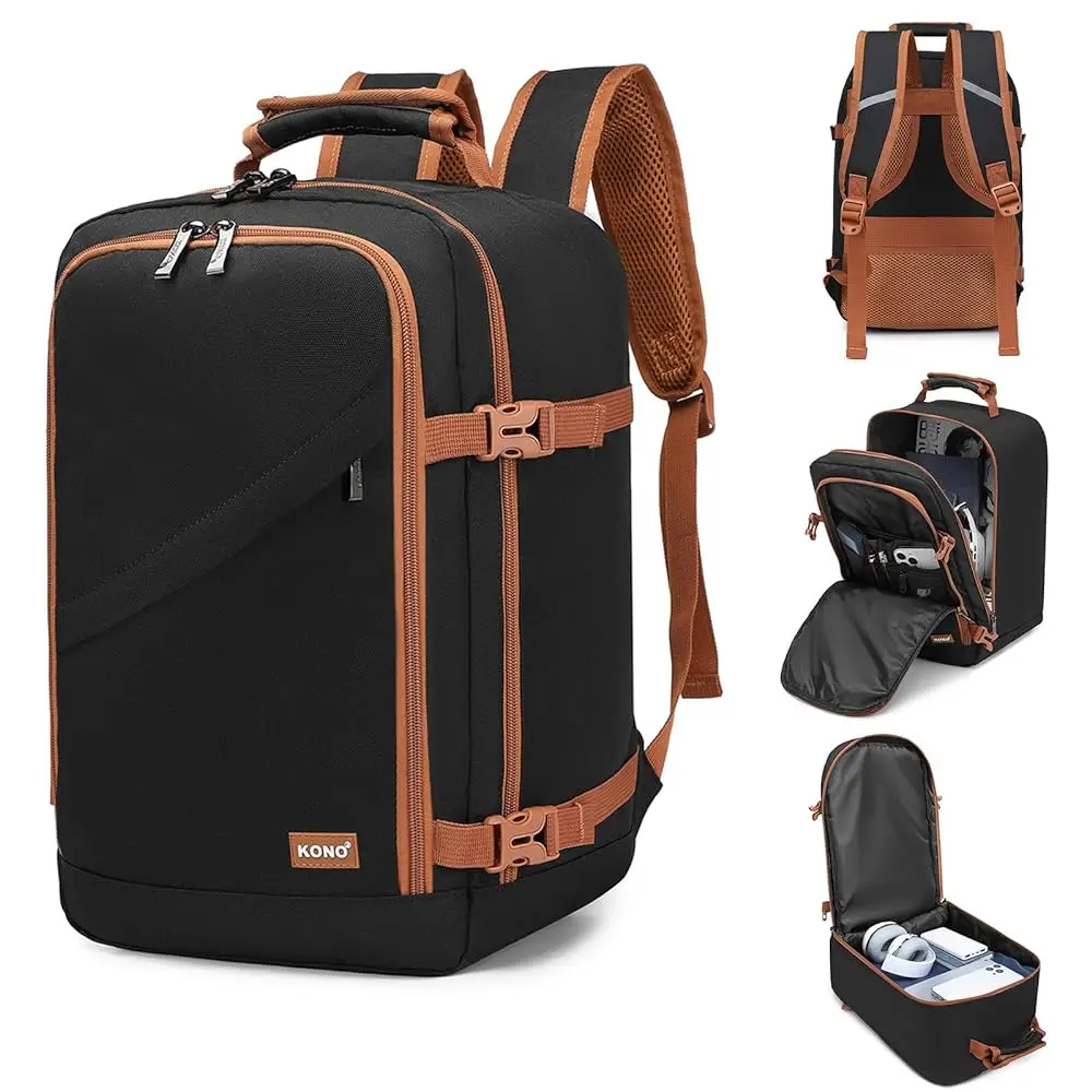 Kono Cabin tas 40x20x25 cm voor Ryanair Under Seat handbagage Rugzak, Cabinemaat 20L Zwart Minimalistisch