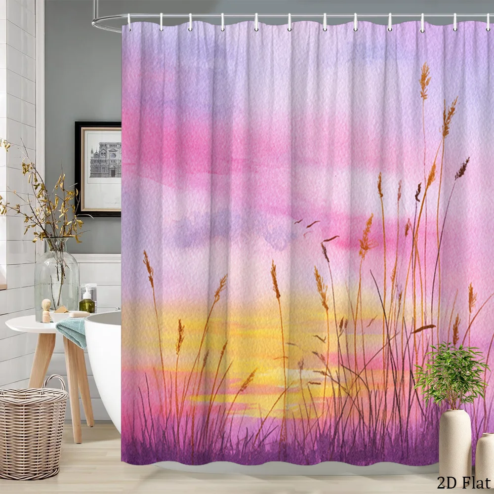 

Boho Aesthetic Sunset Gradient Shower Curtain Pampas Grass Bathroom Decor Pink Purple Washable Rainfall Chic Curtain 180x180cm
