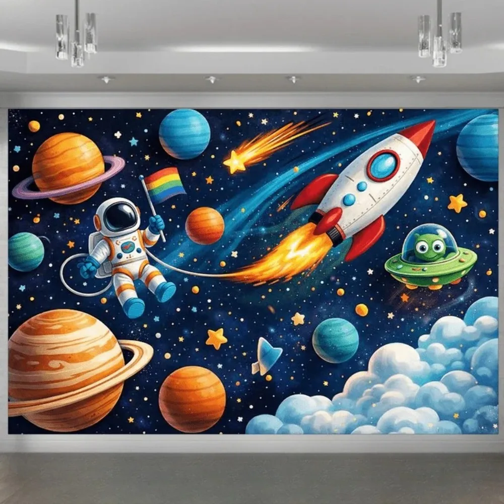 Space Astronaut Rocket Themed Birthday Banner Decoration Background, Children's Birthday Party Decoration Photography Background
