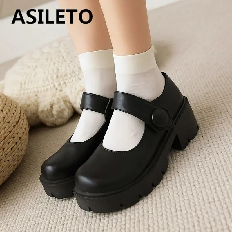 

ASILETO New Women Mary Janes Pumps Round Toe Block Heels 6.5cm Platform 2.8cm Hook&Loop Plus Size 41 42 43 Casual Daily Shoes