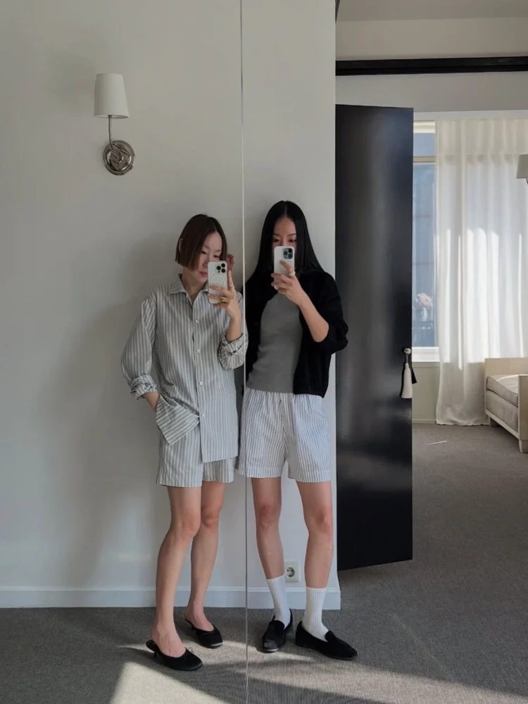 Pantaloni ort a gamba dritta in vita elastica a vita alta a righe in cotone allentato casual estivo Pantaloni coreani Sle Commute Faion