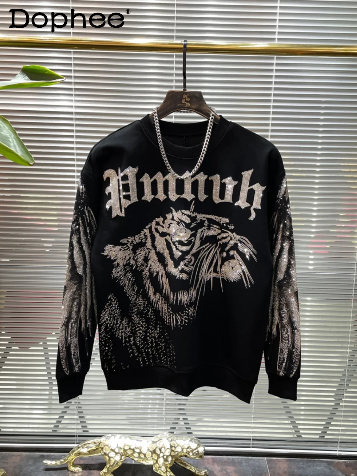 

2025 New Fashion Trend Heavy Rhinestone Round Neck Sweatshirt Men 2025 Autumn Winter New Loose Casual Pullover Jacket