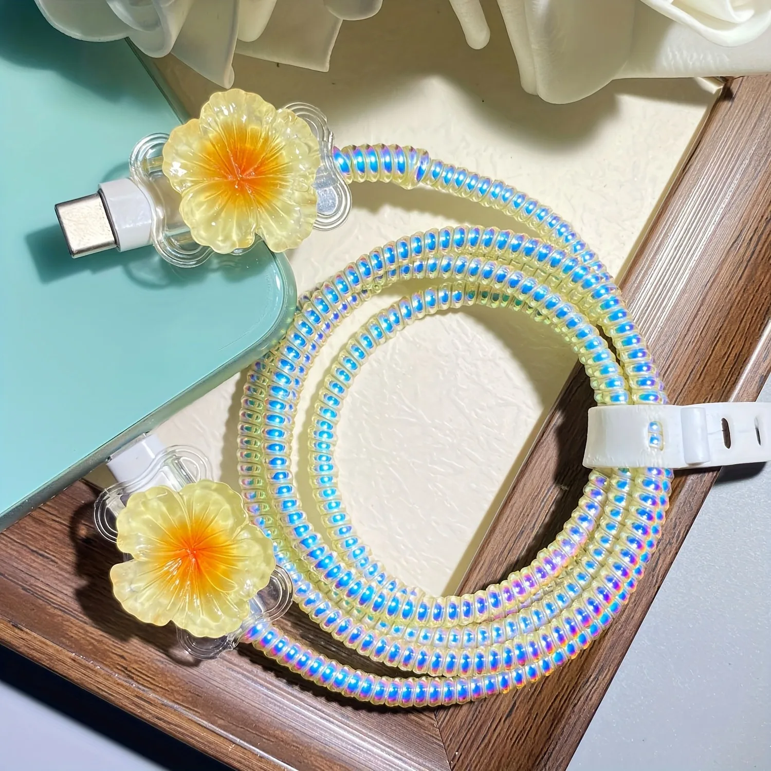 Colored Flower Laser White Line Circle Charger Protector Cover For iPhone For Samsung Type-C Charger Line Protectors Cover view 3