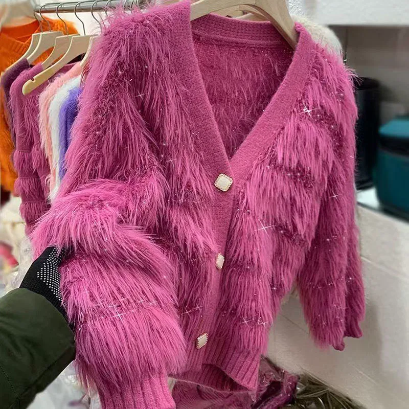 

Осень-зима кашемировый шерстяной свитер с кисточками женский кардиган из искусственного меха норки однобортный свитер с v-образным вырезом пальто