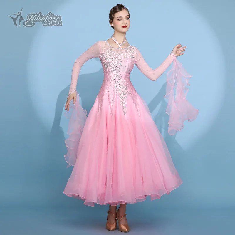 

High Quality Women Adult Long Dance Wear Pink Ladies Costumes custom Ballroom Dancing Dress