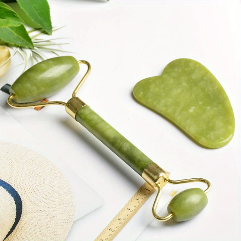 Jade Roller and Gua Sha Set - Dual Head Facial Massage Tool for Skin Care, De-puffing and Daily Beauty