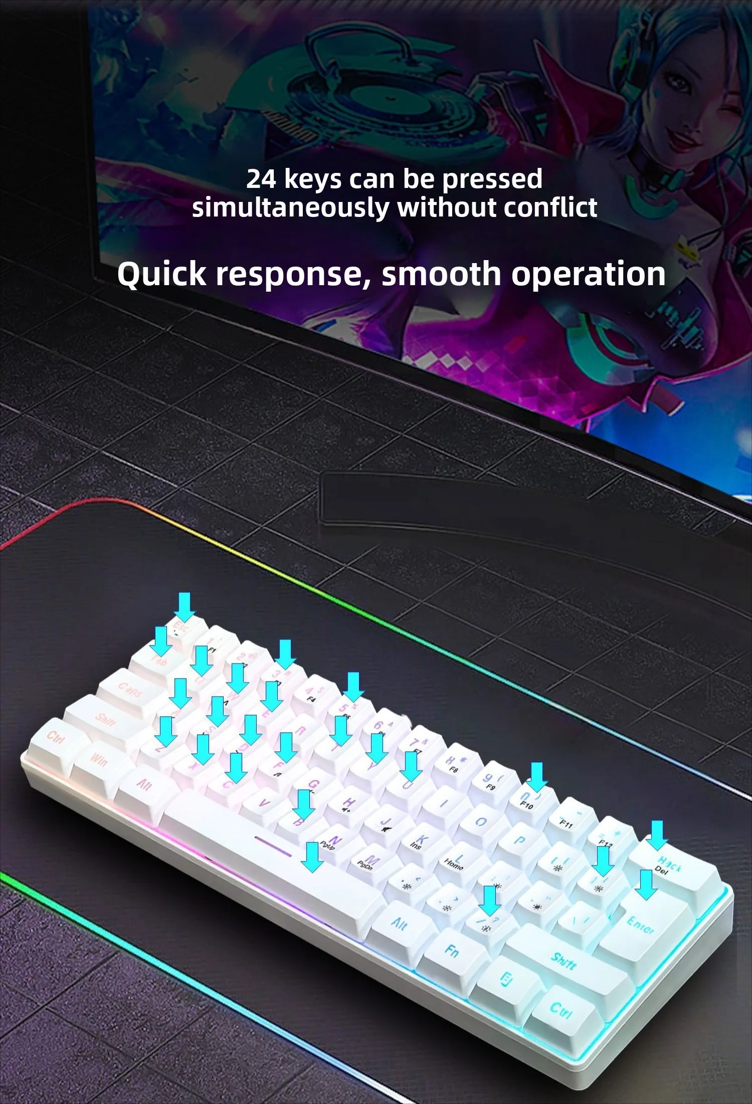 Teclado RGB Gamer 60% Keyboard Ergonomic Mini PC White Computer Keyboard Portable Backlit USB Wired Black Clavier Ordinateur
