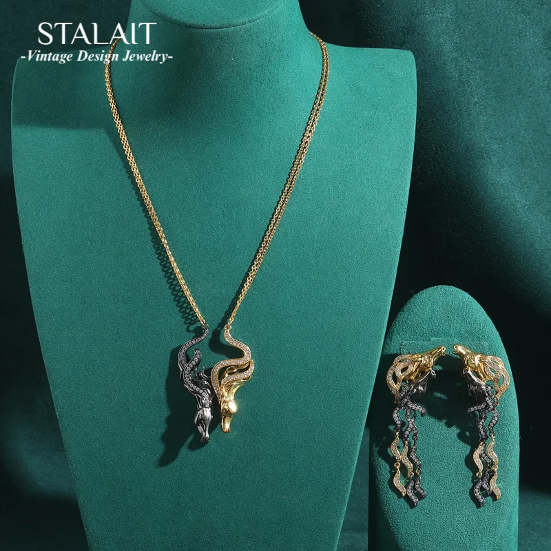 

Vintage Dragon Jewelry Sets Pendant Necklace Earring Rings Antique Gold Color Black Rhinestones Accessories For Woman Luxury