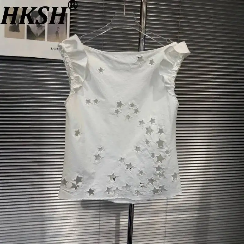 HKSH Women Vest Fashion Star Pattern Hollow Out Design Sleeveless Sweet Versatile White Casual Niche Tank Top Summer New HK24889