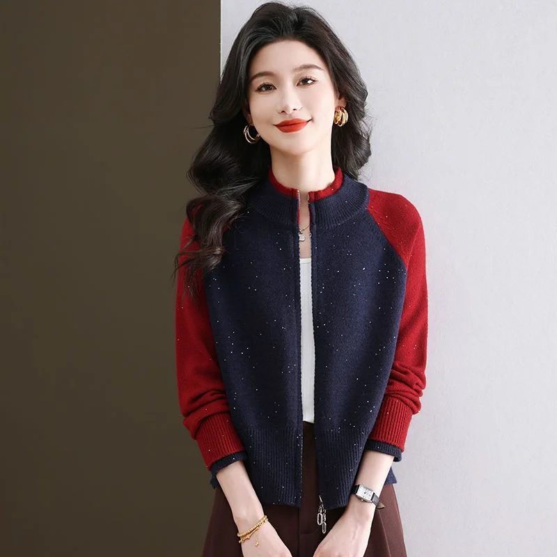 Fashionable Zipper Color-blocking Knitted Cardigan for Women's Fashionable Loose Base Shirt Top