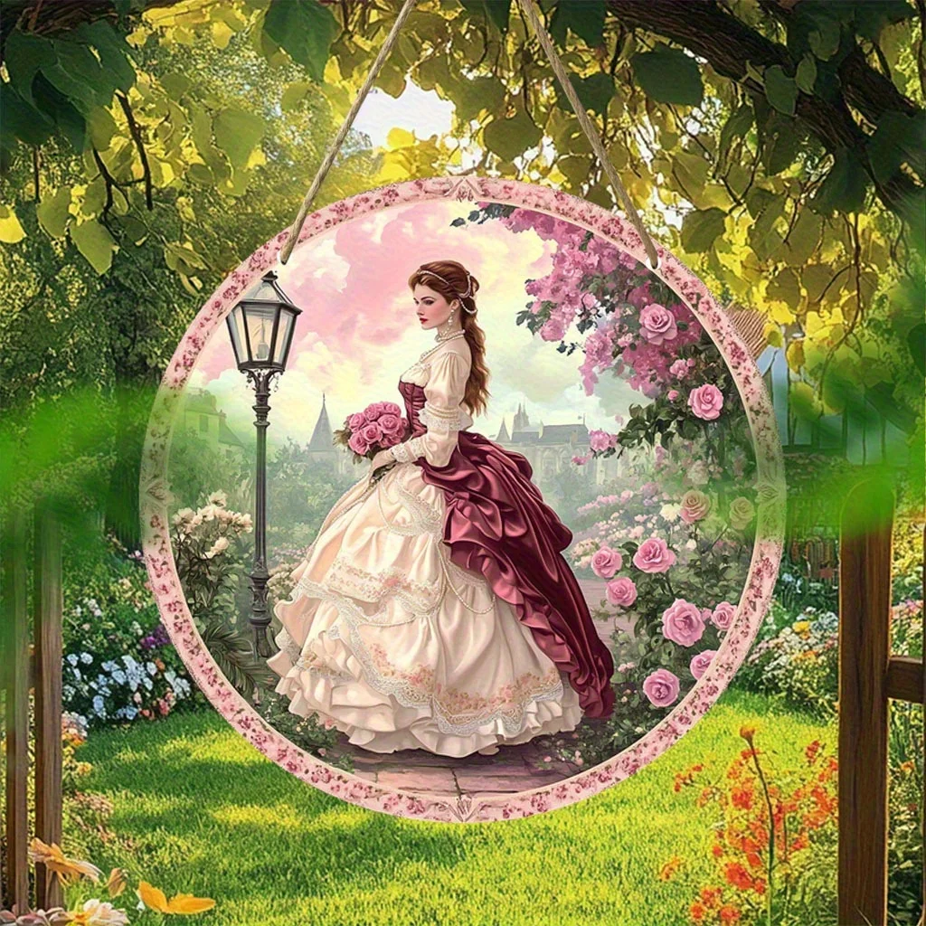 2D Flat, 1pc, 2D Flat, Elegant Victorian Lady Round Wooden Hanging Sign, Versatile Indoor Decor, Perfect Gift for Home, Room, Do