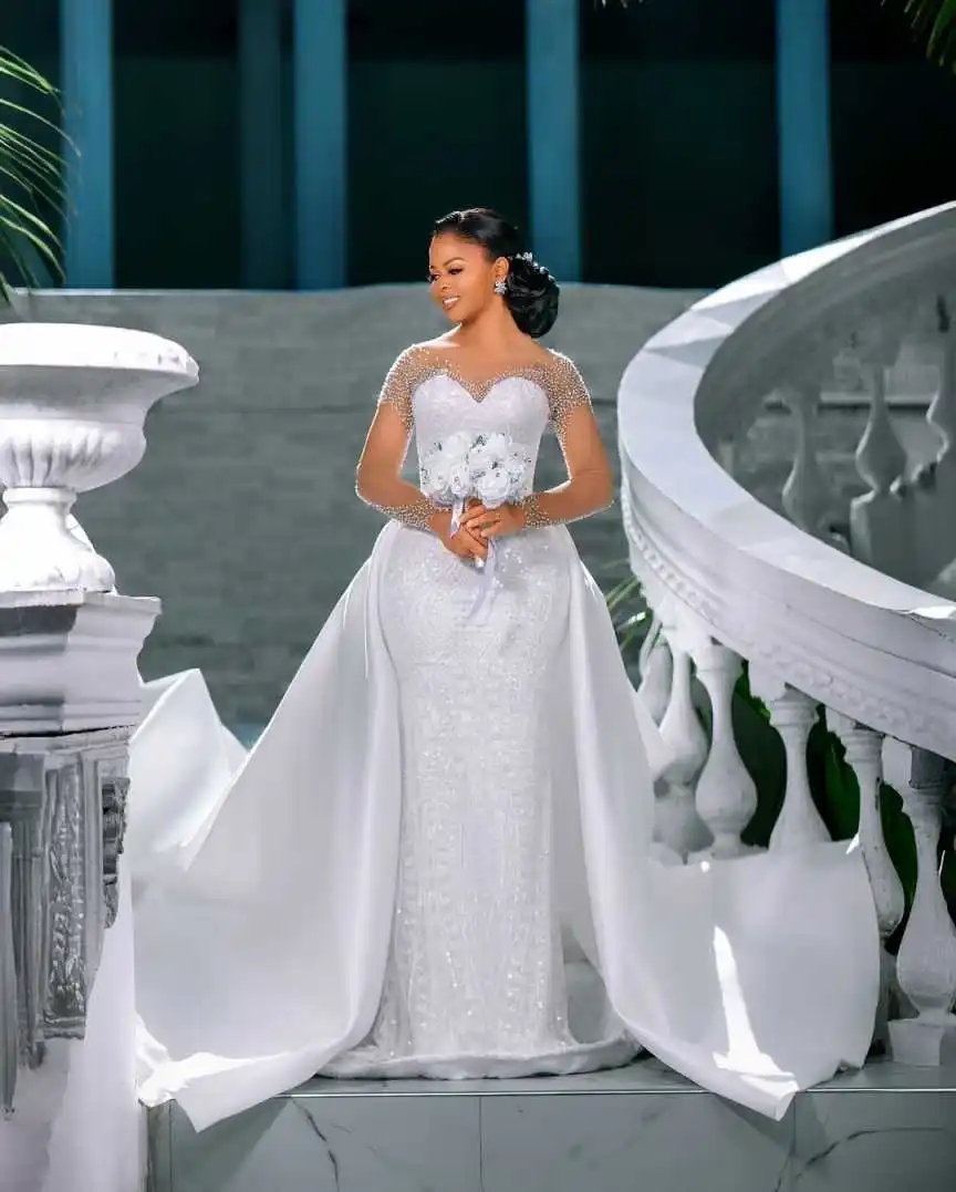 Customized Sheer Neck Shinny Beads Sequins Trumpet Wedding Gowns For Bride   Long Sleeves  Bridal Gown Detachable Train