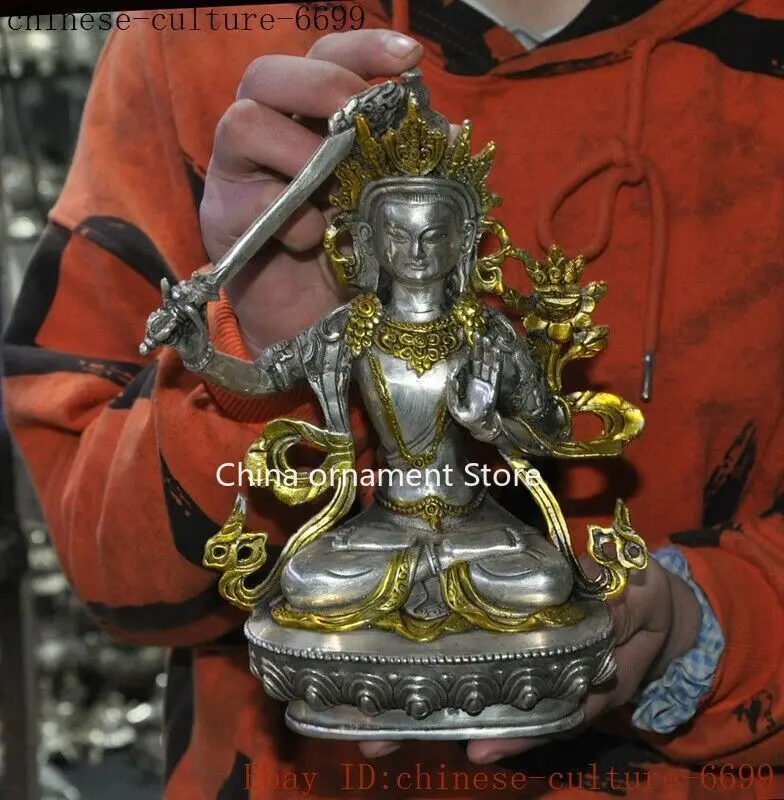 Tibetan silver Hold sword Manjushri tara Kwan-Yin GuanYin Goddess Buddha statue