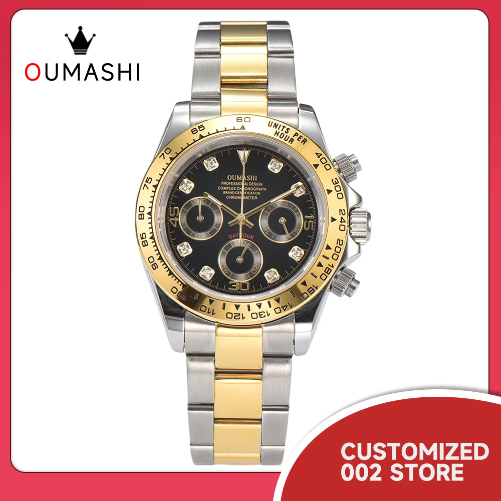 Oumashi 39mm DTN VK63 Movement Panda Three Eye Quartz Watch Sapphire Stainless Steel Waterproof Timing Code Men's Watch