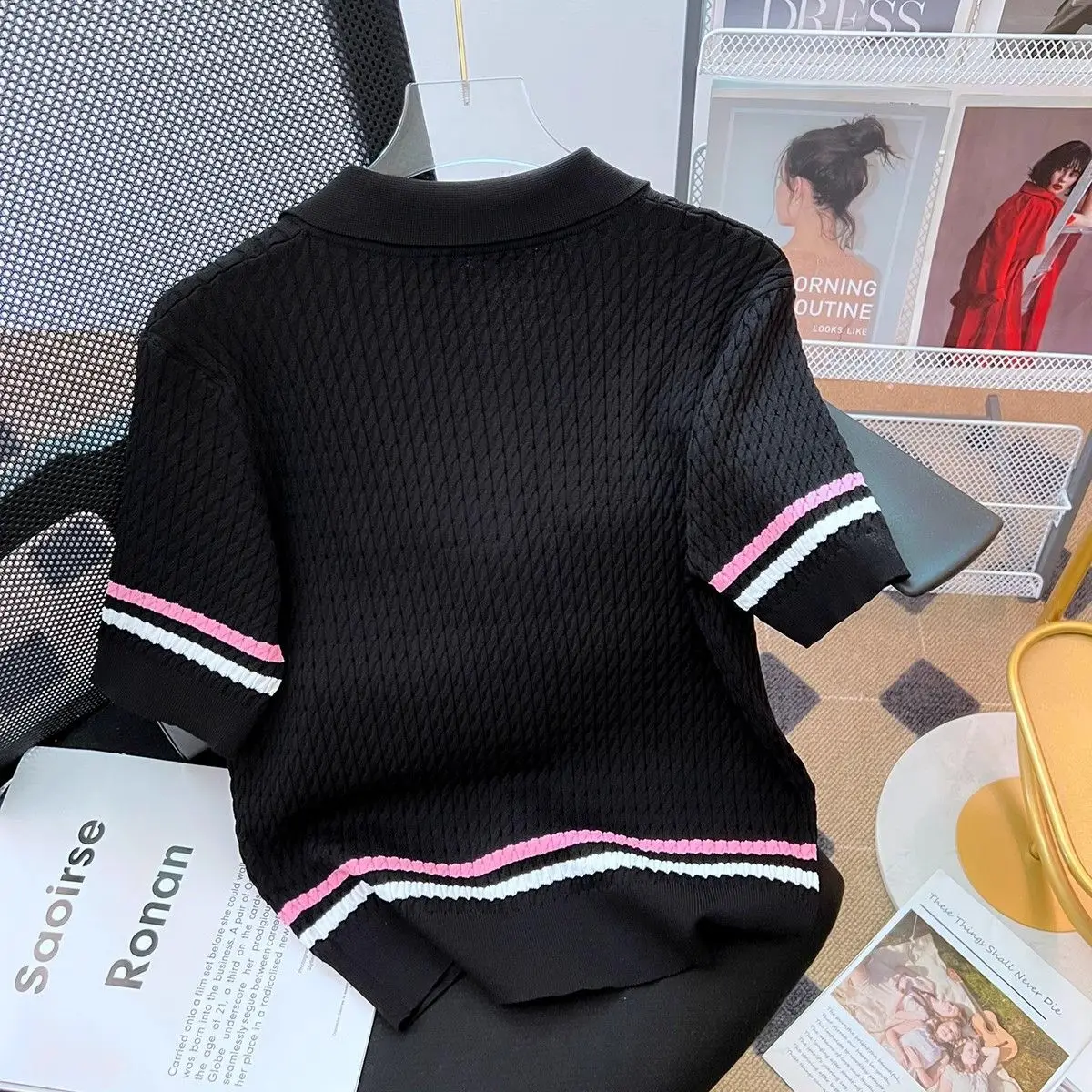 Femme 2025 New Korean Vintage Fashion Slim Buttons Knitting Top Tee Summer All-match Temperament Striped Women Clothing Sweater